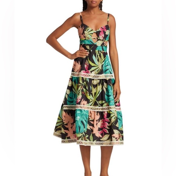 NWT PatBO Tropicalia Midi cutout dress- tropical print with jute trim - Picture 1 of 9